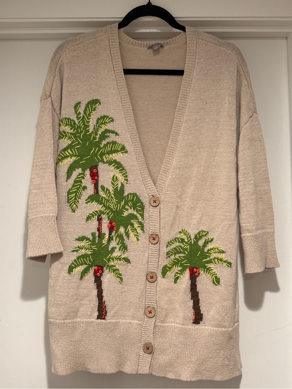 J Jill Women's Sweater Cardigan Linen Cotton Blend Palm Tree Embroidery Size XL